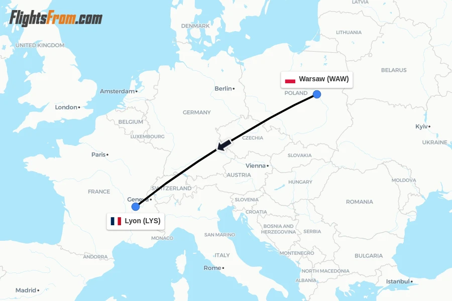 Flights from Warsaw to Lyon route map