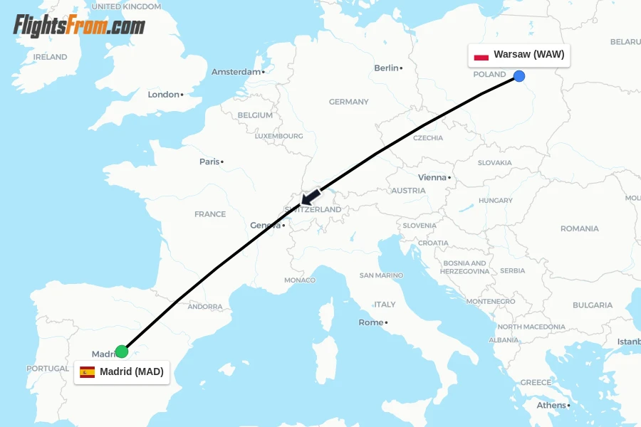 Flights from Warsaw to Madrid route map