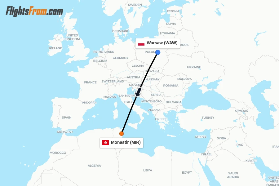Flights from Warsaw to Monastir route map