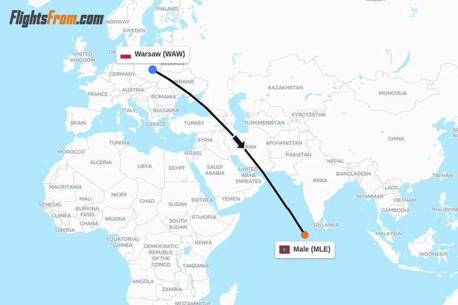 Flights from Warsaw to Male route map