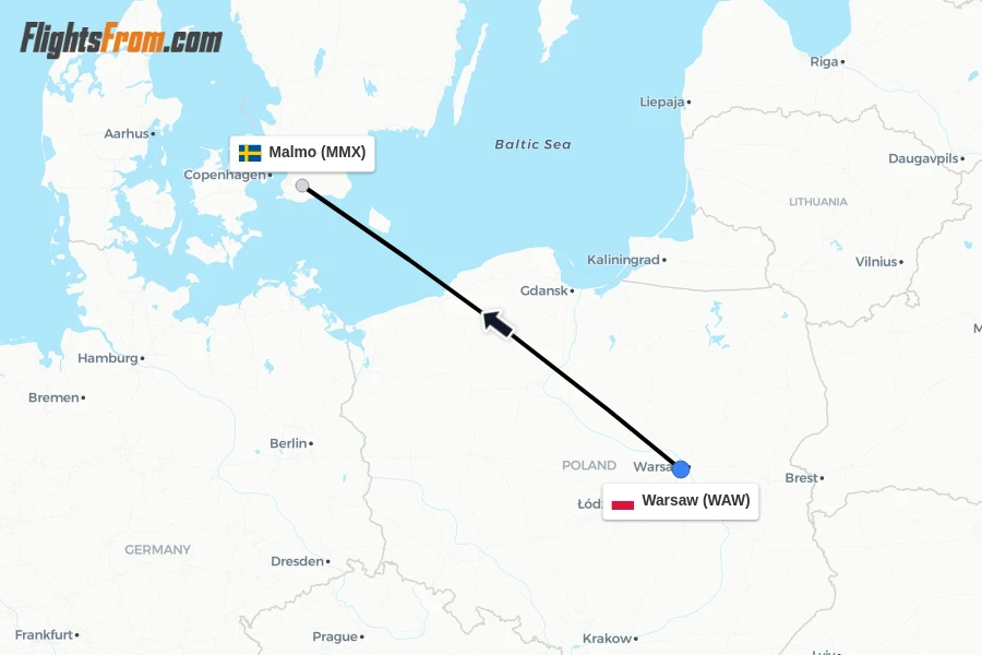 Flights from Warsaw to Malmo route map