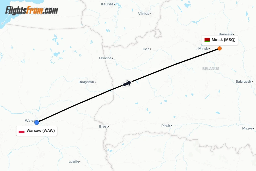 Flights from Warsaw to Minsk route map
