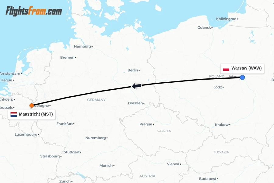 Flights from Warsaw to Maastricht route map