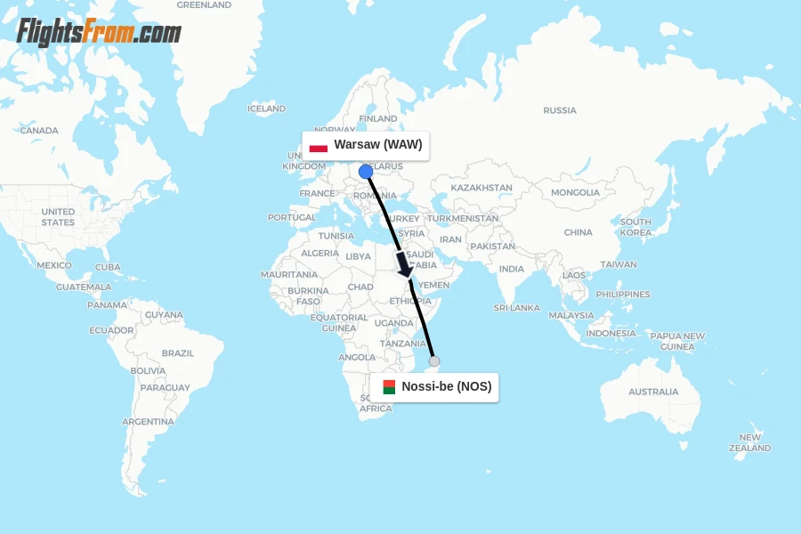 Flights from Warsaw to Nossi-be route map