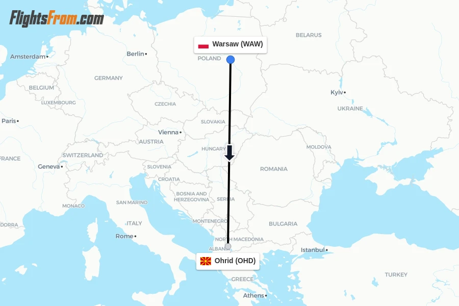 Flights from Warsaw to Ohrid route map