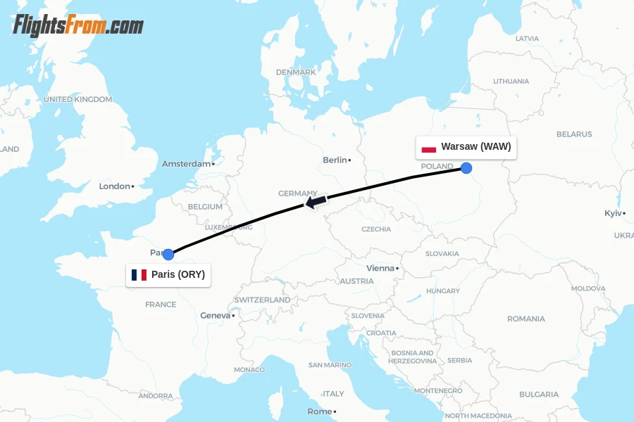 Flights from Warsaw to Paris route map