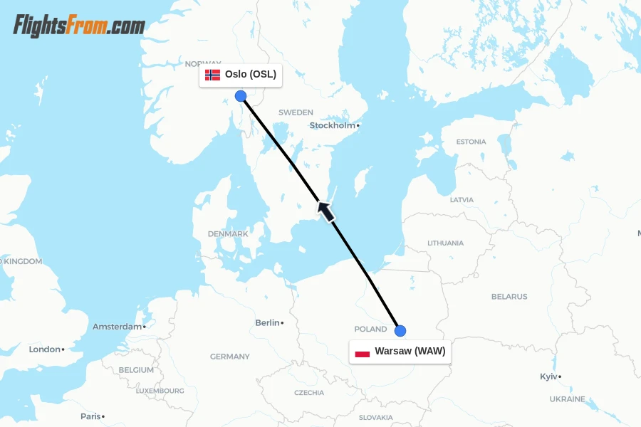 Flights from Warsaw to Oslo route map