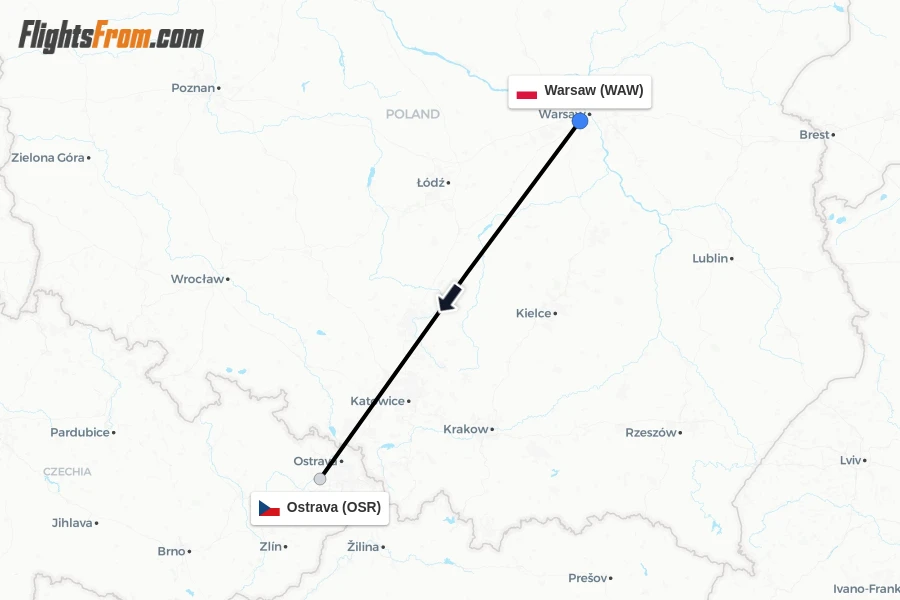 Flights from Warsaw to Ostrava route map