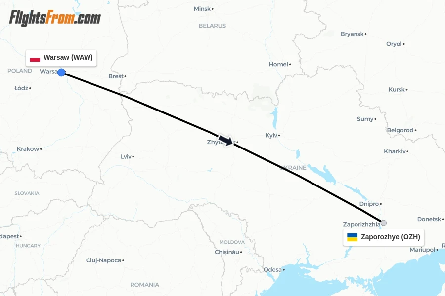 Flights from Warsaw to Zaporozhye route map