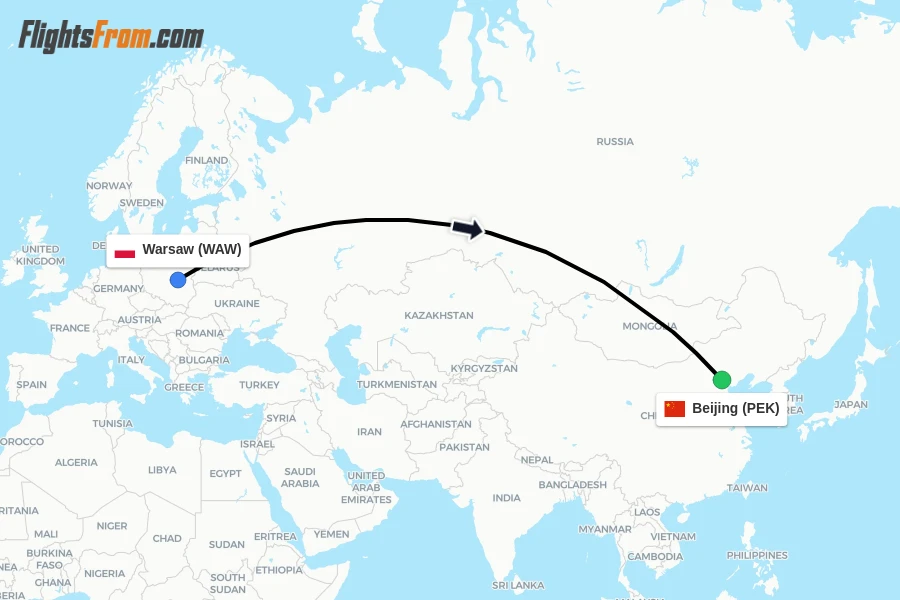 Flights from Warsaw to Beijing route map