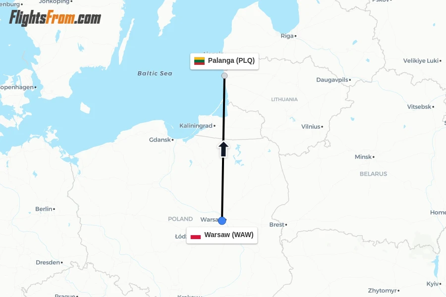 Flights from Warsaw to Palanga route map