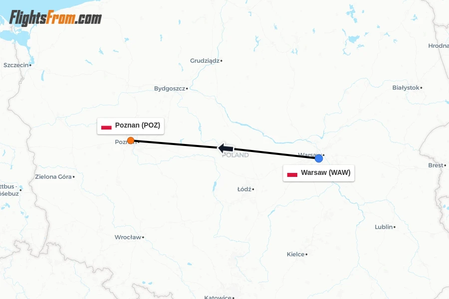 Flights from Warsaw to Poznan route map