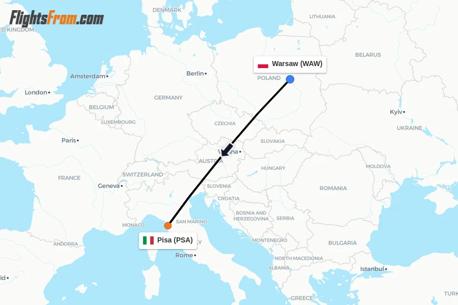 Flights from Warsaw to Pisa route map