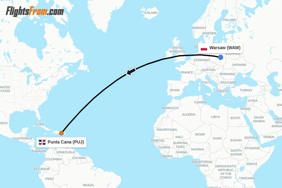 Flights from Warsaw to Punta Cana route map