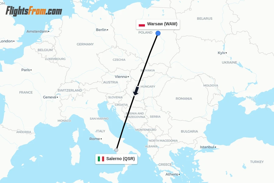 Flights from Warsaw to Salerno route map