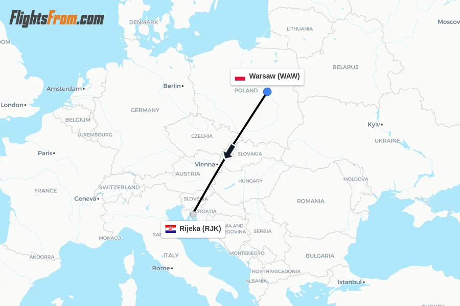 Flights from Warsaw to Rijeka route map