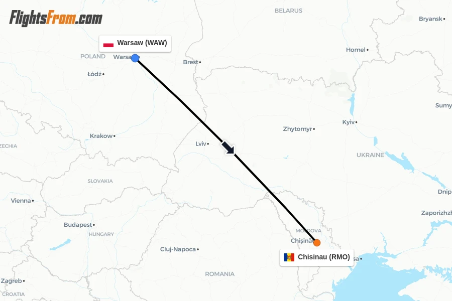 Flights from Warsaw to Chisinau route map