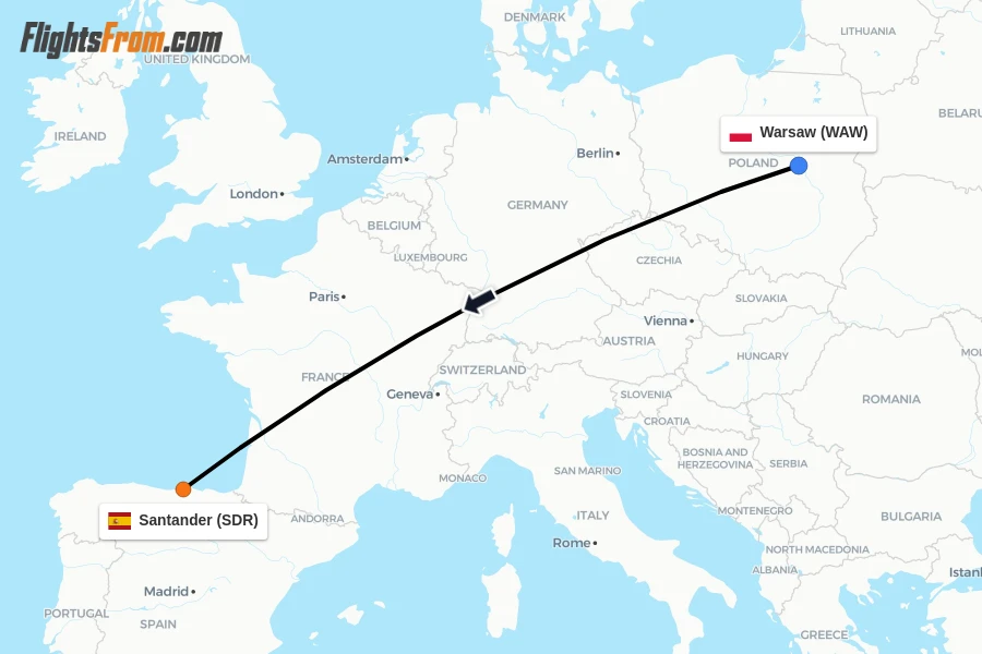 Flights from Warsaw to Santander route map
