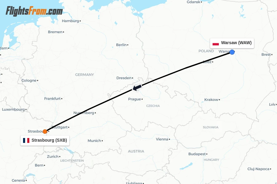 Flights from Warsaw to Strasbourg route map