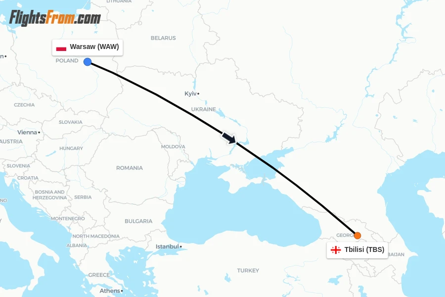 Flights from Warsaw to Tbilisi route map