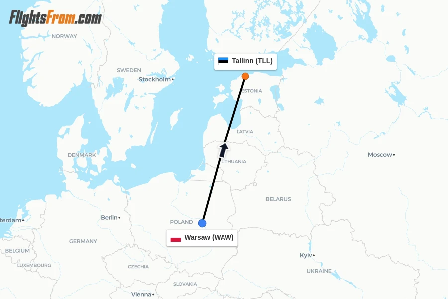 Flights from Warsaw to Tallinn route map