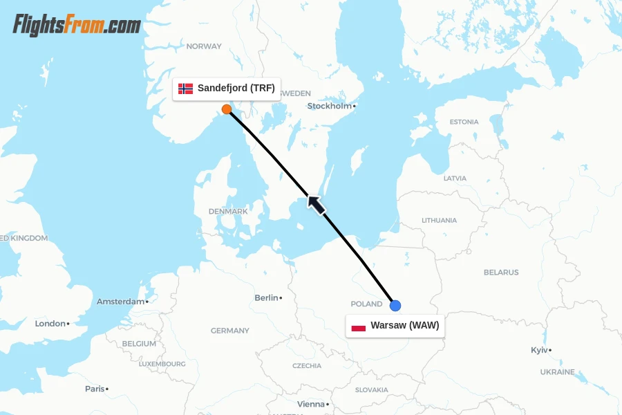 Flights from Warsaw to Sandefjord route map