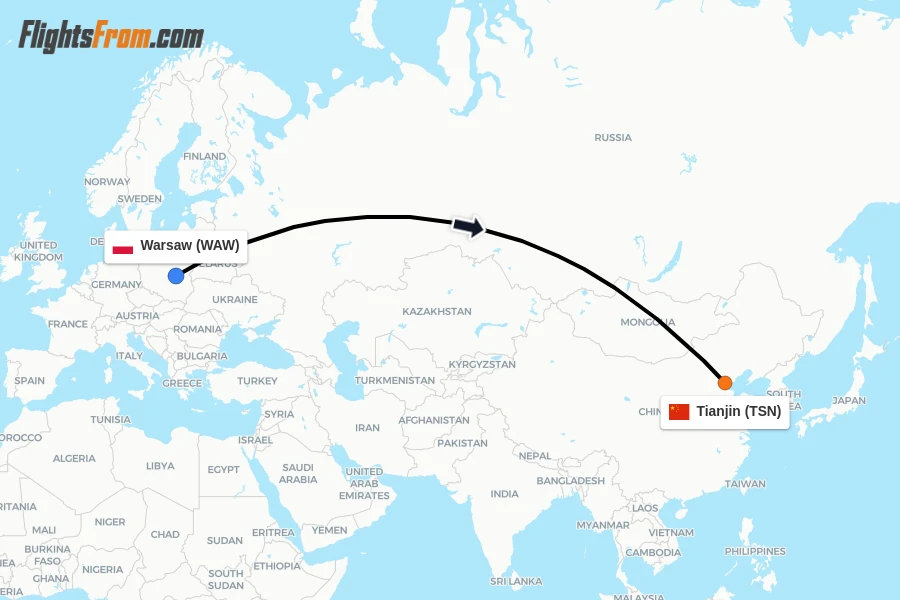 Flights from Warsaw to Tianjin route map