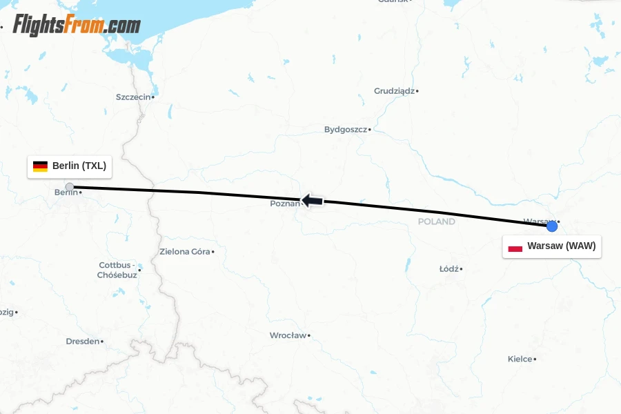 Flights from Warsaw to Berlin route map