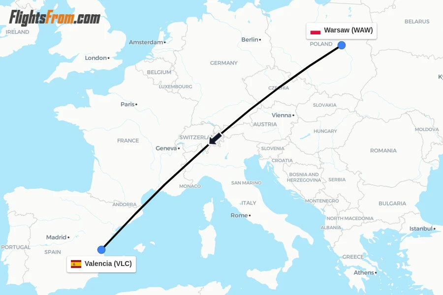 Flights from Warsaw to Valencia route map