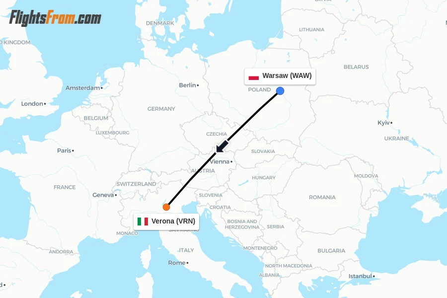 Flights from Warsaw to Verona route map