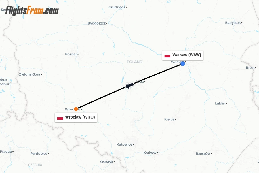 Flights from Warsaw to Wroclaw route map