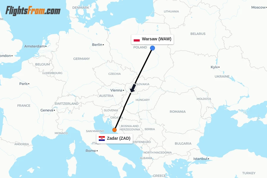Flights from Warsaw to Zadar route map