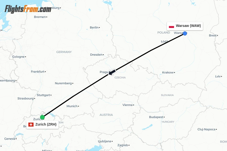 Flights from Warsaw to Zurich route map