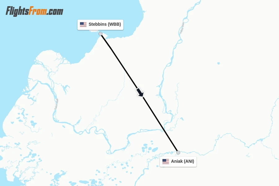 Flights from Stebbins to Aniak route map