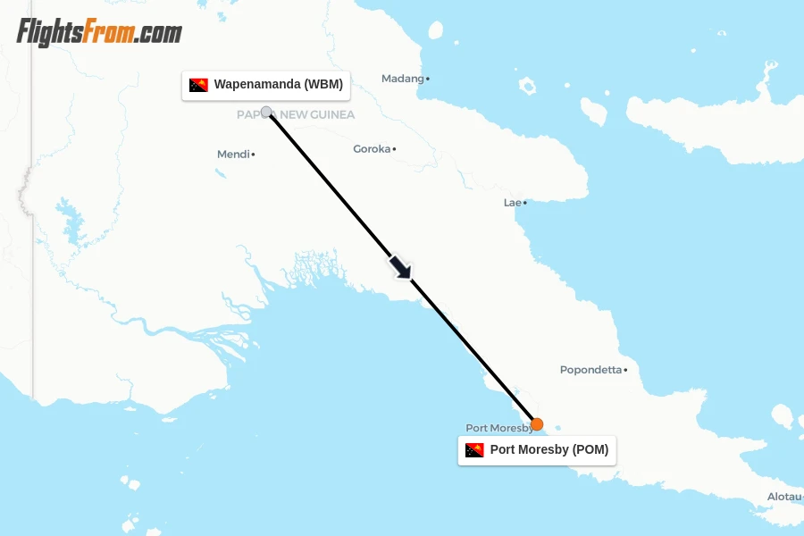 Flights from Wapenamanda to Port Moresby route map