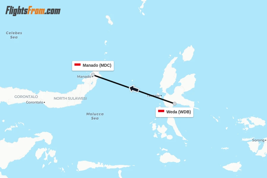 Flights from Weda to Manado route map