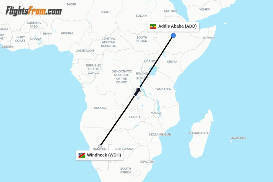 Flights from Windhoek to Addis Ababa route map