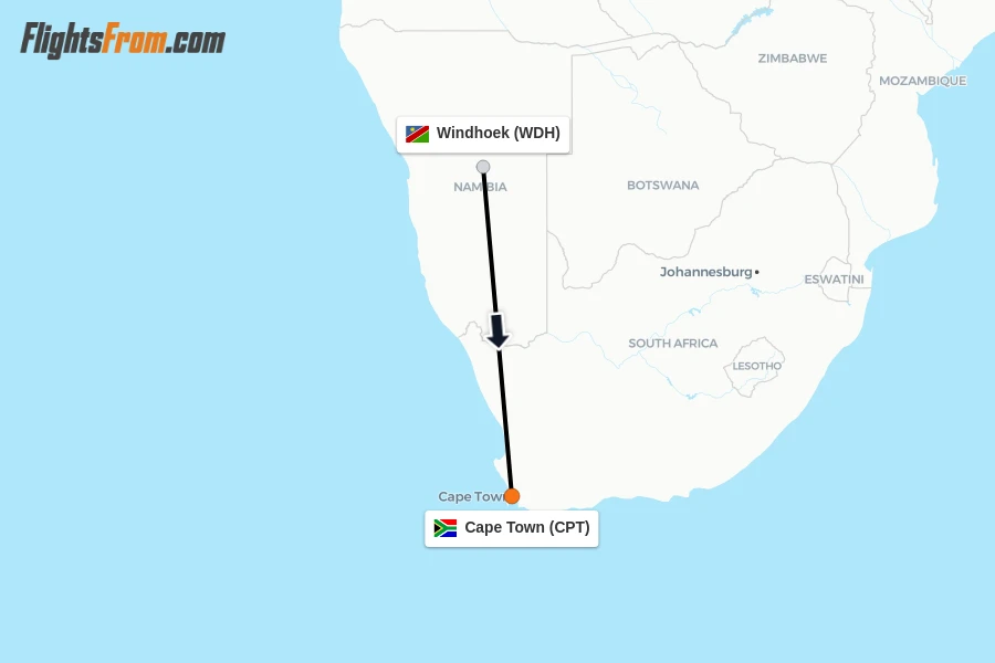 Flights from Windhoek to Cape Town route map