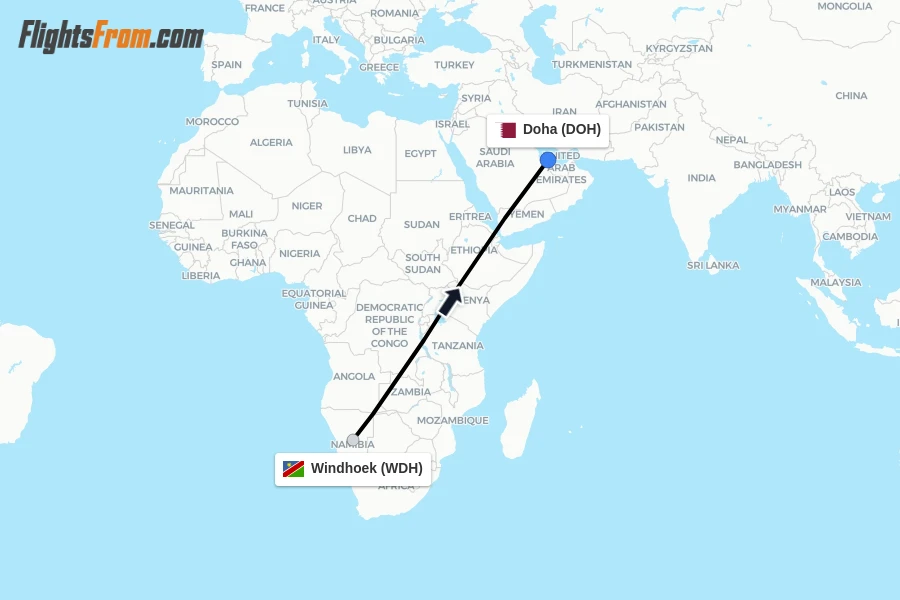 Flights from Windhoek to Doha route map