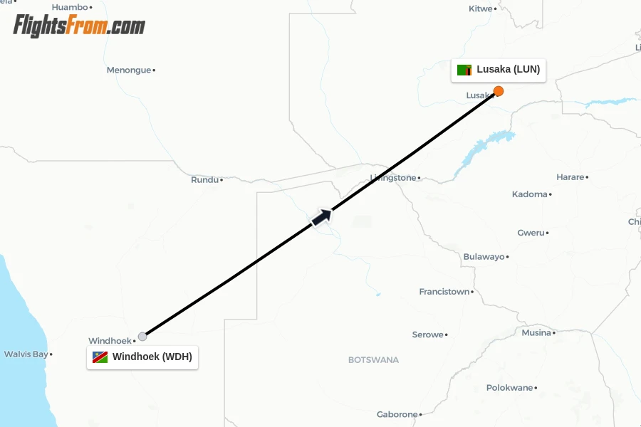 Flights from Windhoek to Lusaka route map