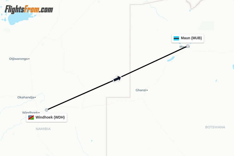 Flights from Windhoek to Maun route map
