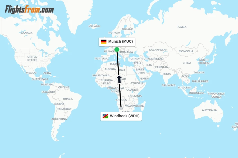 Flights from Windhoek to Munich route map