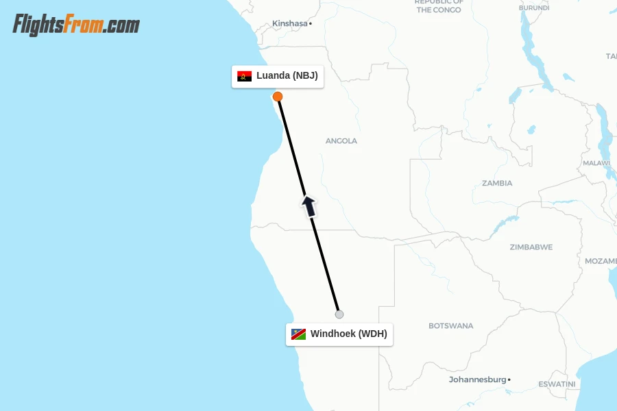 Flights from Windhoek to Luanda route map