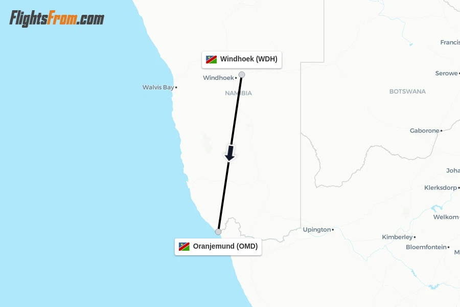 Flights from Windhoek to Oranjemund route map