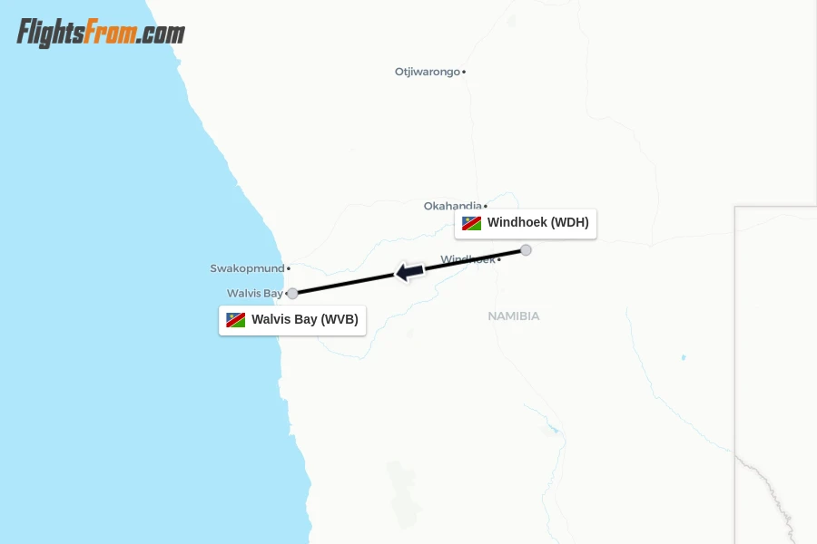 Flights from Windhoek to Walvis Bay route map