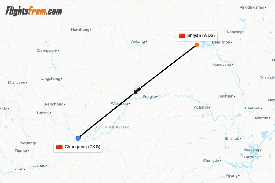 Flights from Shiyan to Chongqing route map