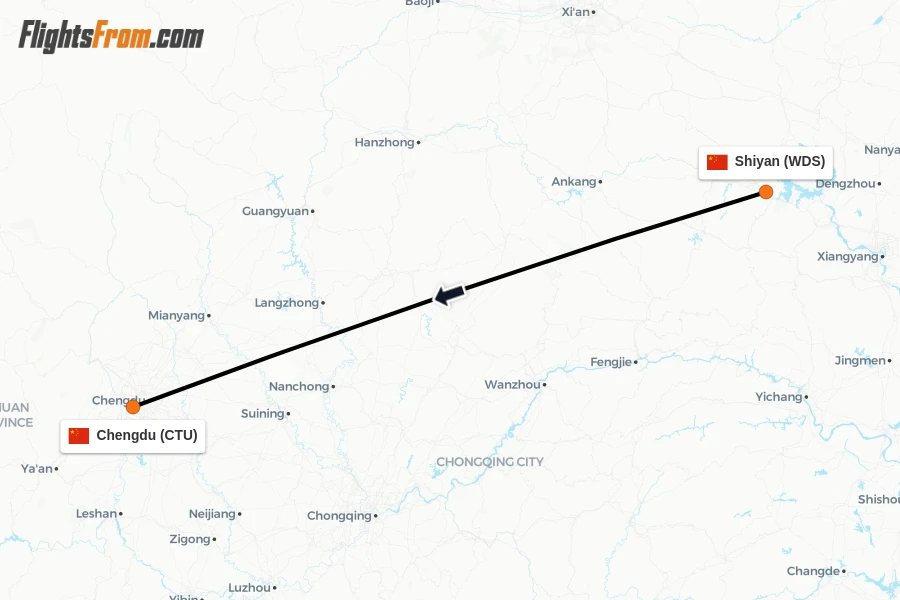 Flights from Shiyan to Chengdu route map