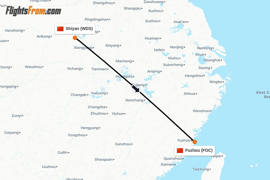 Flights from Shiyan to Fuzhou route map