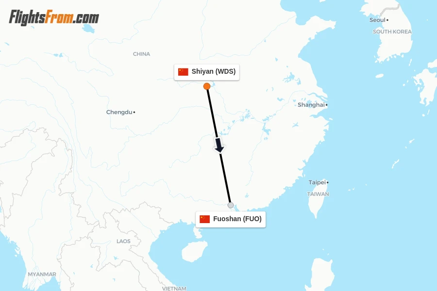 Flights from Shiyan to Fuoshan route map