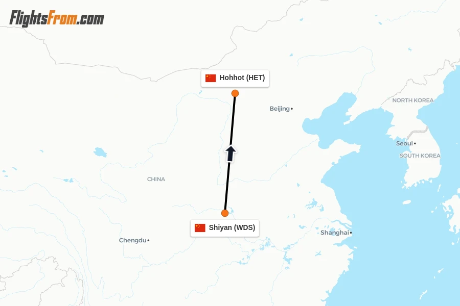 Flights from Shiyan to Hohhot route map